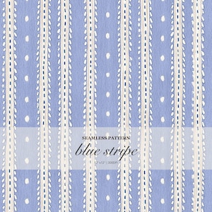 Puede incluir: Un patrón sin costuras con rayas verticales sobre un fondo azul bígaro. El diseño incluye líneas discontinuas blancas y pequeños puntos blancos. El texto dice: SEAMLESS PATTERN blue stripe 12"x12" | 300DPI.
