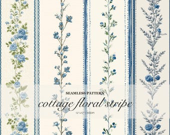 Blue Toile Floral Stripe Seamless Pattern, Vintage Botanical Repeat (Digital Download)