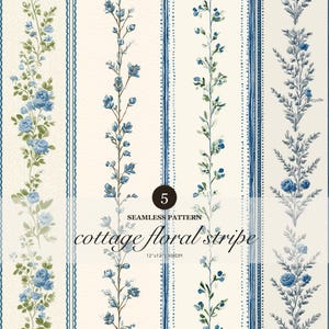 Estampado floral de rayas azules sin costuras, estilo vintage botánico (descarga digital)