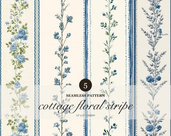 Blau Toile Blumenstreifen nahtlose Muster, Vintage botanische Wiederholung (digitaler Download)