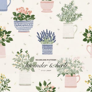 Puede incluir: Patrón sin costuras con diversas hierbas y flores en macetas en jarrones de colores pastel. El diseño incluye lavanda, romero y otros arreglos florales. Se muestra el texto "lavender & herb".