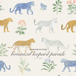 May include: A seamless pattern featuring a repeating illustration of leopards in blue, yellow, and white, interspersed with green botanical plants and pink flowers on a cream background. Text reads: SEAMLESS PATTERN botanical leopard parade 12"x12" | 300DPI