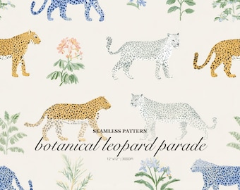 Botanical Leopard Seamless Pattern, Watercolor Big Cat Floral Print, Safari Animal Repeat Design in Soft Blue Gold Green