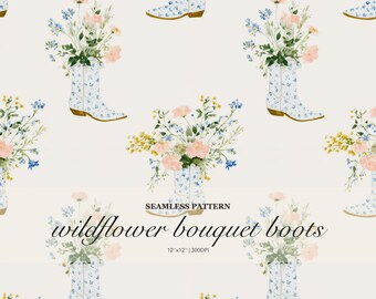 Wildblumen-Blumenstrauß-Stiefel-nahtloses Muster, Aquarell-Blumen-Cowboystiefel-Druck, weiches westliches Frühlings-Design