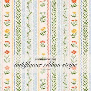 May include: A seamless pattern featuring vertical stripes of green leafy vines, wavy lines in blue, pink, and yellow, and small orange and yellow wildflowers on a cream background. Text reads: SEAMLESS PATTERN wildflower ribbon stripe 12"x12" | 300DPI.