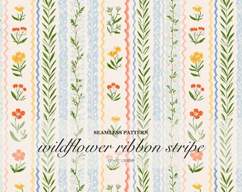 Wildflower Ribbon Stripe Seamless Pattern Bundle, Watercolor Floral Stripe Design in Coral Blue Yellow for Fabric Wallpaper