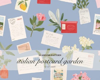 Italian Postcard Garden Seamless Pattern Bundle, Vintage Mail Floral Citrus Motif, Mediterranean Blue Romantic Surface Design