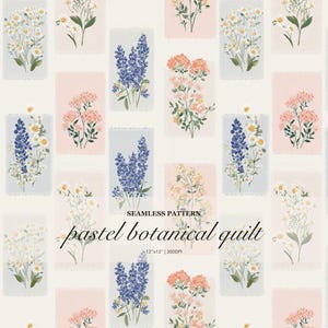Puede incluir: Un patrón sin costuras con ilustraciones de acuarela de varias flores, incluyendo margaritas, lavanda y flores de color melocotón. Las flores están dispuestas en bloques rectangulares sobre un fondo crema. Se muestra el texto "pastel botanical quilt".