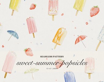 Sweet Summer Popsicles Seamless Pattern, Watercolor Ice Cream and Strawberry Print, Whimsical Seasonal Surface Design