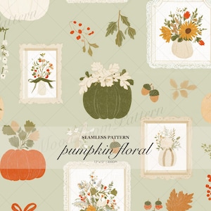 Op de afbeelding: Een naadloos patroon met illustraties van pompoenen, bloemboeketten in sierlijke lijsten, eikels en bladeren op een saliegroene achtergrond. Tekst: SEAMLESS PATTERN pumpkin floral 30,48cm x 30,48cm | 300DPI. Bevat oranje en groene pompoenen.