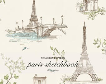 Paris Sketchbook Seamless Pattern Bundle, Eiffel Tower Parisian Landmark Toile Style Botanical Bird Repeat