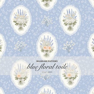 May include: A seamless pattern featuring a light blue background with white floral sprigs and oval frames containing bouquets of lavender, white flowers, and peach roses. Text reads: SEAMLESS PATTERN blue floral toile 12"x12" | 300DPI.