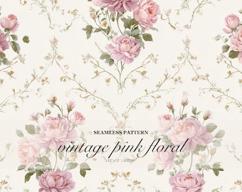 Watercolor Pink Rose Floral Seamless Pattern, Beige Background, Vintage Rose Garden Repeat Design (Digital Download)