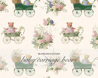 Baby Carriage Bears Seamless Pattern, Watercolor Vintage Floral Teddy Bear Pram Print, Soft Pink Nursery Style Surface Design