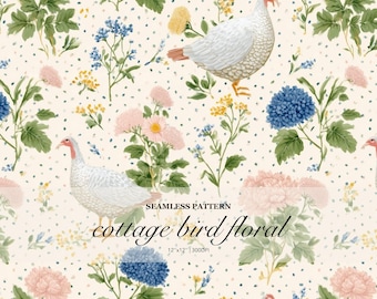 Cottagecore Garden Bird Seamless Pattern, Watercolor Wildflower Digital Paper, Vintage Floral Repeat Pattern
