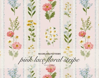 Pink Lace Floral Stripe Seamless Pattern, Watercolor Wildflower Stripe Print, Soft Cottagecore Botanical Design