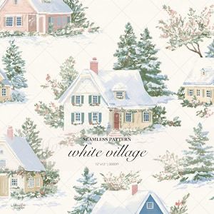 Könnte beinhalten: Ein nahtloses Muster mit einer winterlichen Dorfszene, schneebedeckten Häusern, Tannen und Büschen auf cremefarbenem Grund. Der Text lautet SEAMLESS PATTERN white village 30,48cm x 30,48cm | 300DPI. Die Häuser haben blaue oder rote Akzente.