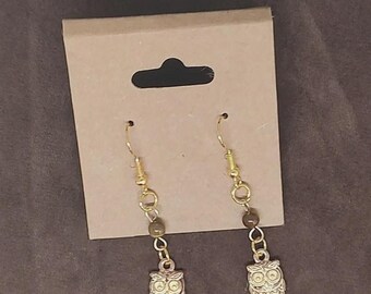 Reiki Charged Tiger's Eye Gold Owl Dangle Earrings-Supports Solar Plexus Chakra