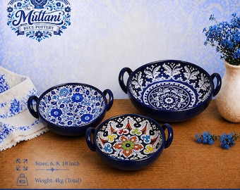 Handmade Blue Pottery Karahi Serving Bowls – Traditional Ceramic Set (6, 8, 10 Inch)