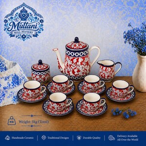 Blue Pottery Tea Set | 15-Piece Hand-Painted Ceramic Cups, Saucers, Teapot, Milkpot, Sugarpot