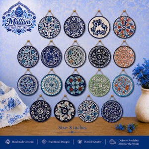 May include: A collection of 16 round ceramic plates, each 8 inches in diameter, with intricate blue and white floral and geometric designs. The plates are displayed against a blue background, with a wooden surface. The text "Muttani Blue Pottery" is visible.