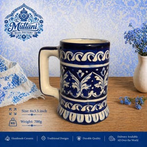 Handmade Multani Blue Pottery Lassi Mug | Large 6 Inch Ceramic Drinkware