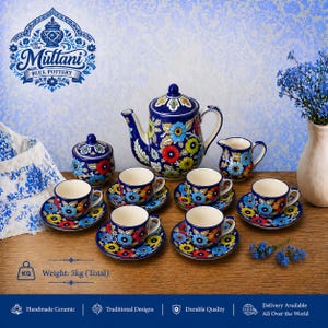 Blue Pottery Tea Set | 15-Piece Hand-Painted Ceramic Cups, Saucers, Teapot, Milkpot, Sugarpot