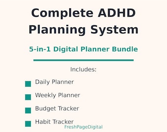 Sistema completo de planificación para el TDAH / Paquete de planificadores digitales 5 en 1 / Diario, semanal, presupuesto, hábitos, comidas