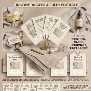 May include: A collection of printable templates with the text "PREMIUM 30-PAGE TEMPLATE COLLECTION". The templates include journals, cards, and tags. The design features neutral tones and marble accents, with the text "INSTANT ACCESS & FULLY EDITABLE".