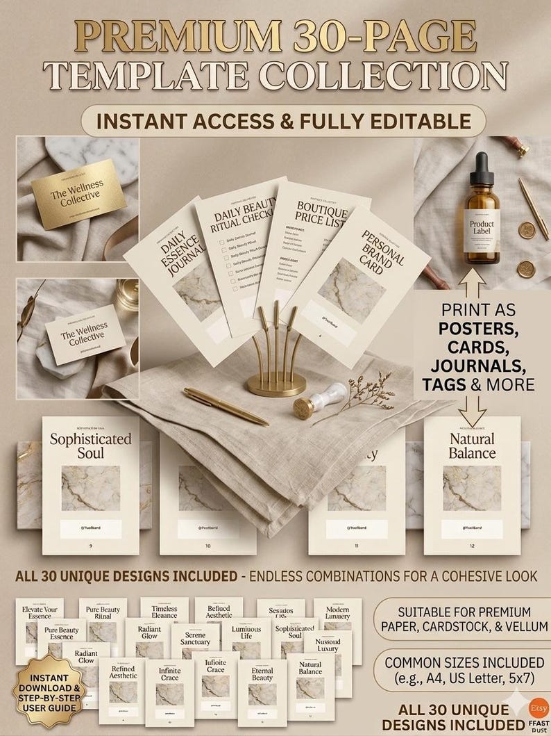 May include: A collection of printable templates with the text "PREMIUM 30-PAGE TEMPLATE COLLECTION". The templates include journals, cards, and tags. The design features neutral tones and marble accents, with the text "INSTANT ACCESS & FULLY EDITABLE".