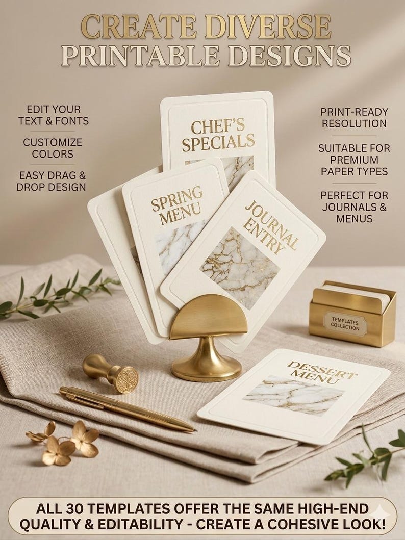 May include: A collection of printable design templates, including menu cards and journal entries, displayed on a neutral linen surface. The cards feature elegant gold text and marble-like backgrounds. The image includes a gold pen, stamp, and card holder.
