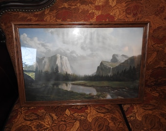 Lithographie de Dino Massaroni représentant Yosemite – Artiste commandité par les Parcs nationaux – Paysage vintage de 1989 – 43 x 66 cm (encadrée)