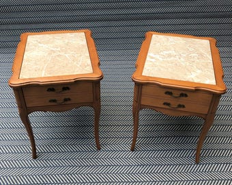 Mid 20th Century Vintage Hekman Furniture Side Tables With Drawers and Inlaid Marble Tops - Matching Pair Set of 2