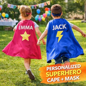 Personalized Kids Superhero Cape with Mask, Custom Name Cape for Boys Girls, Birthday Party Costume, Dress Up Gift, Halloween Outfit
