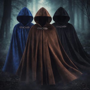 Op de afbeelding: Drie capes met capuchon in blauw, bruin en zwart, met een bosachtergrond. Elke cape heeft een capuchon en een sluiting. De capes zijn gemaakt van een zachte, soepele stof, perfect voor cosplay of kostuumevenementen.