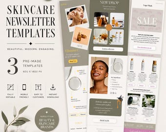 Plantillas de boletín informativo sobre cuidado de la piel para Canva / Plantilla de correo electrónico de belleza editable / Kit de marketing por correo electrónico moderno