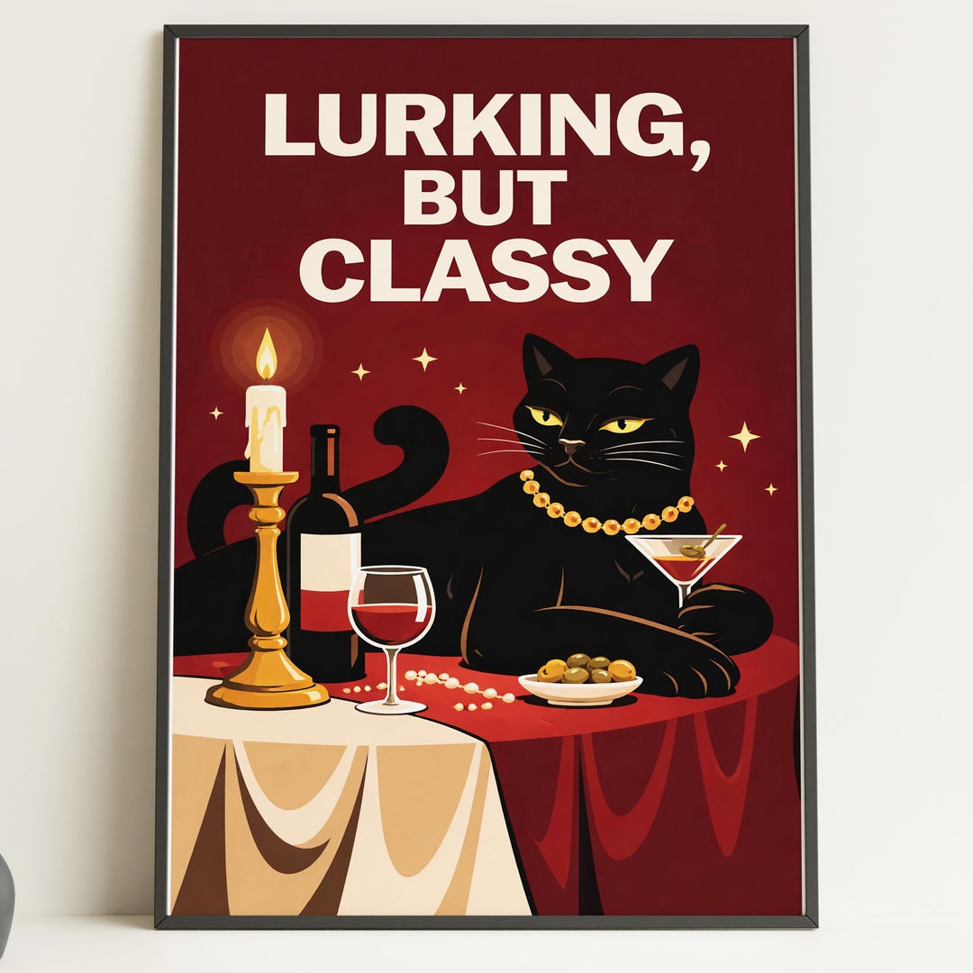 Black Cat Wine Poster, Funny Cat Wall Art, Retro Dining Room Print - Etsy