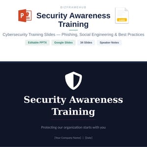 Puede incluir: Una diapositiva de presentación digital titulada "Security Awareness Training". La parte superior de la diapositiva presenta el logotipo de Bizframehub y el texto "Security Awareness Training". La diapositiva incluye el texto "Cybersecurity Training Slides - Phishing, Social Engineering & Best Practices."