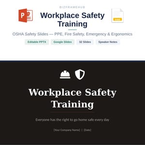 May include: A digital presentation on workplace safety training. The title "Workplace Safety Training" is displayed in white text on a black background. The presentation includes OSHA safety slides and information on PPE, fire safety, and ergonomics.
