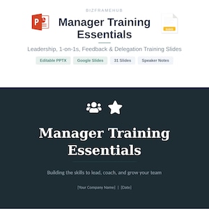 May include: A digital presentation titled "Manager Training Essentials" with a dark teal background. The presentation includes text about leadership, 1-on-1s, feedback, and delegation training slides. The presentation has 31 slides.