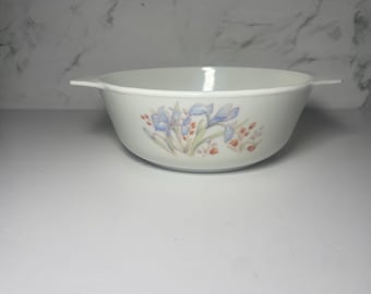 Vintage Pyrex England Blue Iris Dish Milk Glass Floral Bowl Cottagecore Kitchen Decor