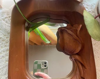 Vintage Hand Carved Wooden Wall Mirror, Floral Rose Frame, Mid Century Wood Mirror, Rustic Cottage Decor, Organic Modern, Handmade