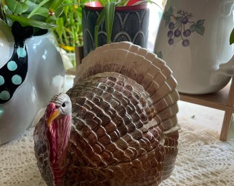 Vintage Turkey Candy Dish, Hand-Painted Thanksgiving Covered Tureen, Fall Harvest Decor