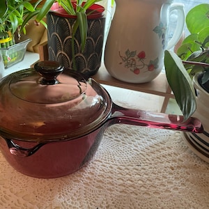 Vintage Corning Visions Cranberry Saucepan with Lid – 1L Purple Glass Cookware Made in USA
