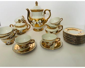 Vintage Bavaria Piren-theeservies – zeldzaam speelkaartpatroon – 11 kop en schotels – gouden porseleinen koffieset – theeservies uit het midden van de eeuw