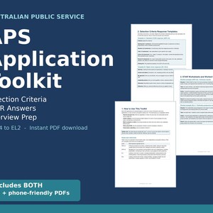 May include: A digital document set titled Australian Public Service APS Application Toolkit, featuring sections on selection criteria, STAR answers, and interview preparation for APS 4 to EL2 levels, displayed with three white page previews.