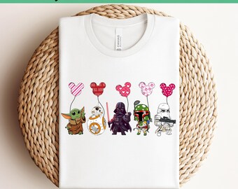 Transferencia DTF lista para imprimir de Mickey Mouse de Star Wars para San Valentín, estampado de camiseta Grogu de Darth Vader, BB-8, Boba Fett y Snowtrooper para San Valentín