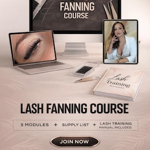 Puede incluir: Un anuncio de un curso online de abanicado de pestañas. La imagen presenta un monitor de ordenador, un portátil y una tableta que muestran extensiones de pestañas y una mujer. El texto dice "Lash Fanning Course" y "Join Now".