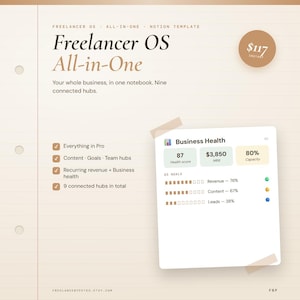 May include: A digital Notion template titled Freelancer OS All-in-One. The layout features a business health dashboard with metrics for health score, MRR, and capacity, alongside progress bars for revenue, content, and leads goals.