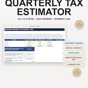 May include: A digital quarterly tax estimator spreadsheet featuring a tracker for 2026 income and expenses. The interface includes sections for monthly gross income, business expenses, net profit, and federal payment calculations for all 50 states.